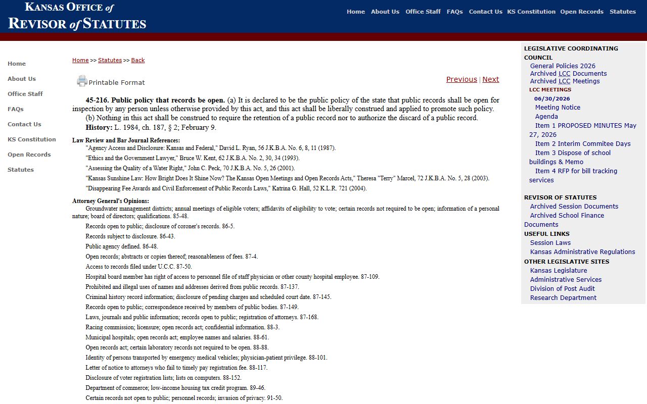 Harvey County clerk court records K.S.A. 45-216 public records policy