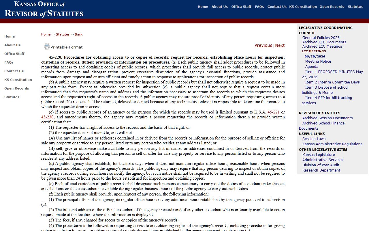Harvey County clerk court records K.S.A. 45-220 request procedures