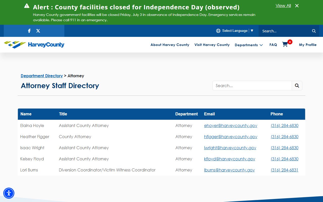 Harvey County criminal court records attorney staff directory