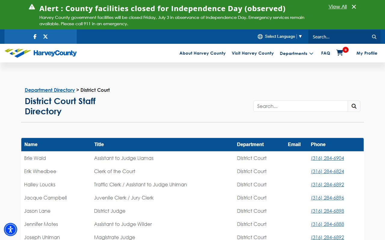 Harvey County District Court records staff directory with clerk