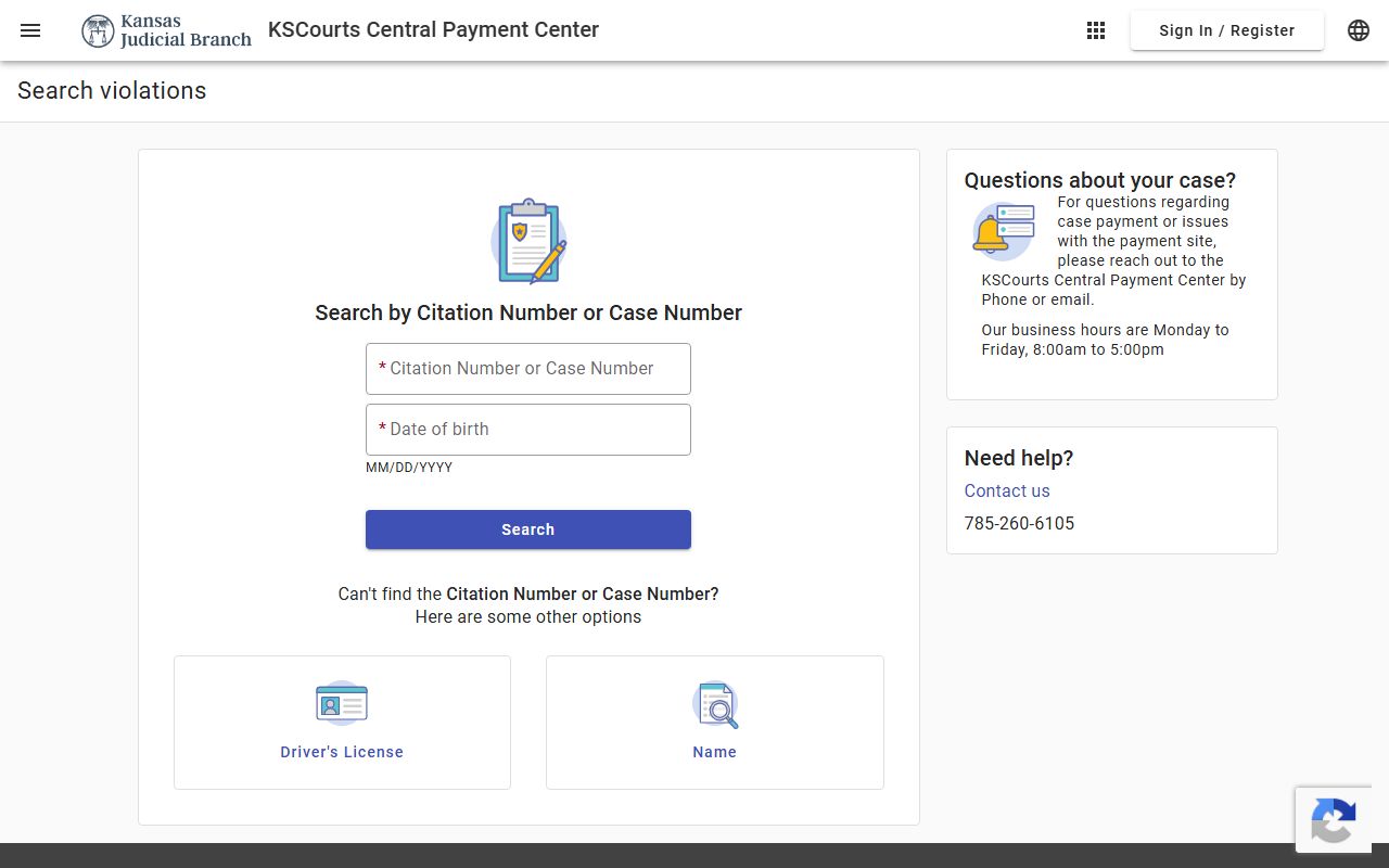 Harvey County traffic court records Central Payment Center violation search fields