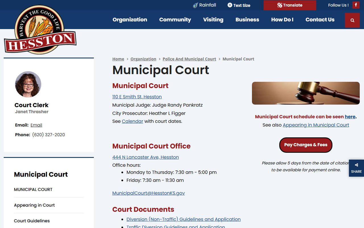 Harvey County traffic court records Hesston Municipal Court page